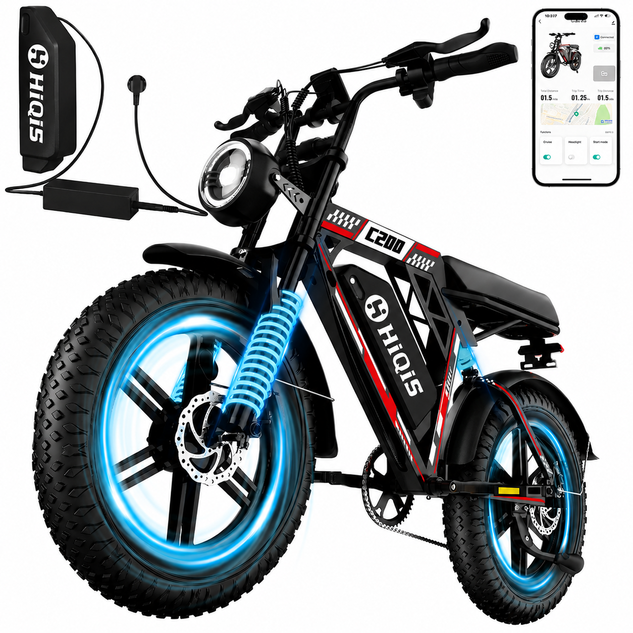 C200 Bicicletta Elettrica con Pneumatici Grandi da 20 Pollici, 1000W, Batteria da 48V 17.5Ah, Doppia Sospensione & Shimano a 7 Velocità