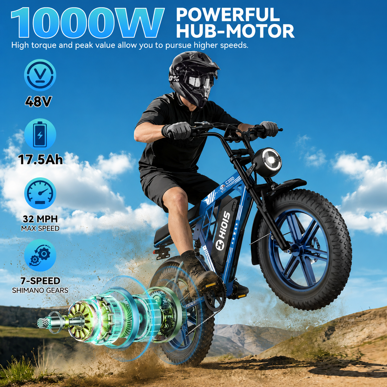 C200 Bicicletta Elettrica con Pneumatici Grandi da 20 Pollici, 1000W, Batteria da 48V 17.5Ah, Doppia Sospensione & Shimano a 7 Velocità