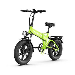 Green HIQIS E20 foldable fat tire electric bike with front suspension and rear rack